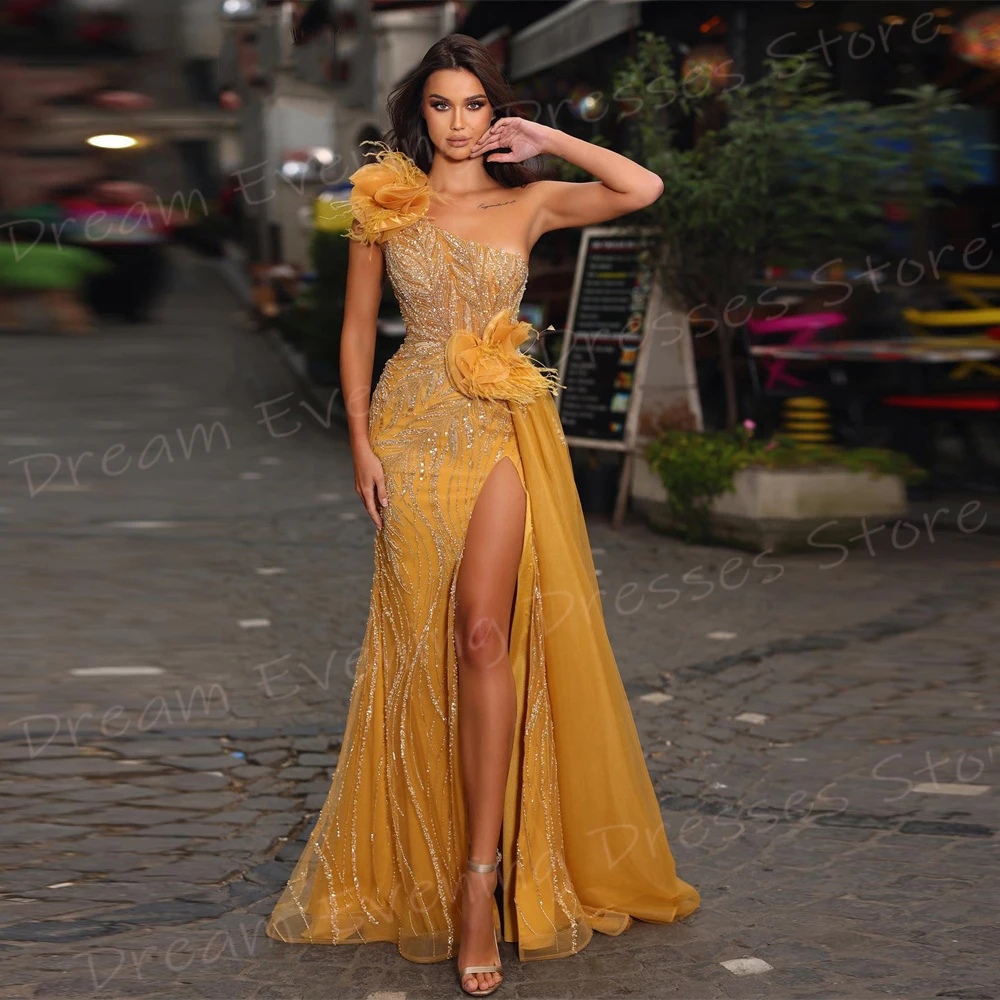 Graceful Yellow Mermaid Charming Women's Evening Dresses One Shoulder Sleeveless Prom Gowns High Split Beaded Vestido De Noche