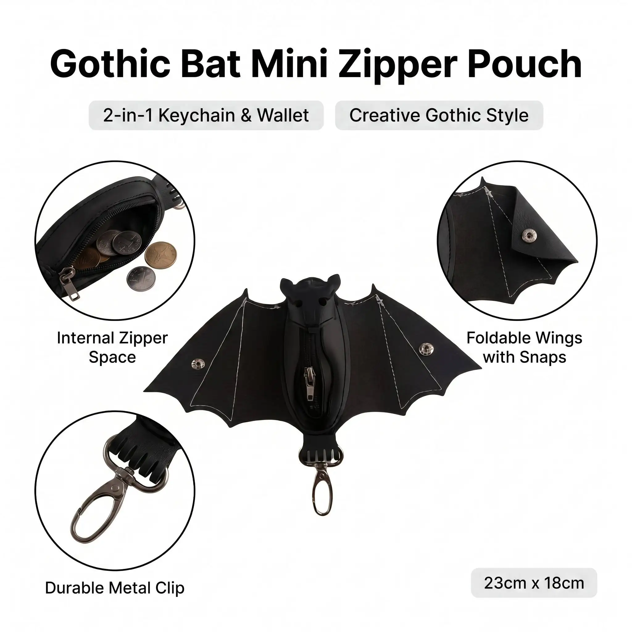 Bat Shape PU Leather Key Holder Mini Zipper Coin Purse with Carabiner for Keys Earbuds