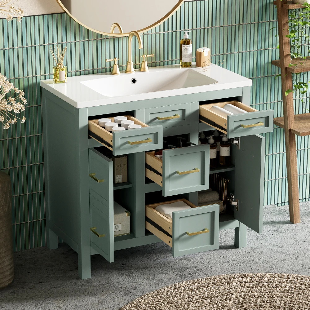 Kabinet Vanity kamar mandi 36 ", dengan wastafel terintegrasi Resin-4 laci, 2 pintu