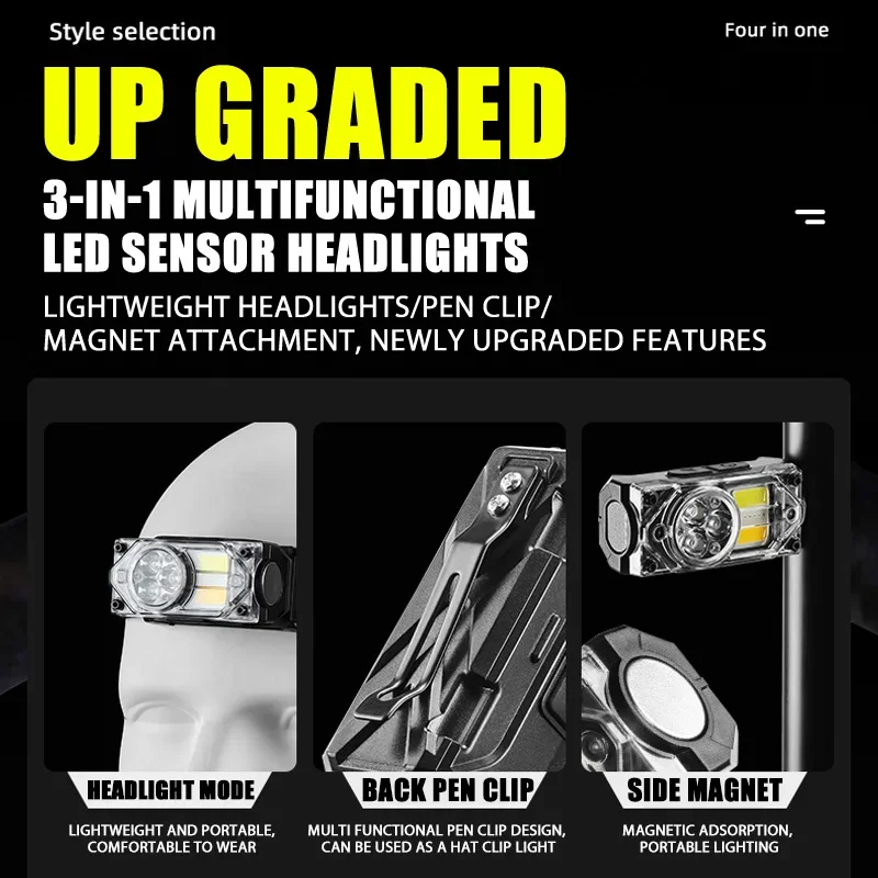 XPE+COB LED Headlamp USB Rechargeable Sensor Head Flashlight Built-in Battery with Magnet Head Torch for Camping Fishing Lantern
