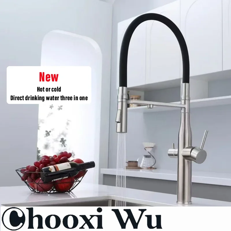 

Filtered Water Kitchen Faucet Black Pull Down Flexible Sprayer Brass 360 Swivel Purification Pure Water Mixer Tap 3 Way Faucet