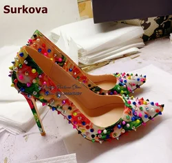 Surkova Multi-Color Floral Printed Wedding Shoes Colorful Rivets Shallow Dress Pumps Women Spike Flower Thin High Heels Footwear