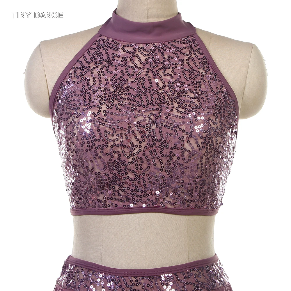 2 in 1 Purple Grey Ballet Lyrical Contemporary Dress Costume Set Sequin Lace Bra Top and Mesh Skirts for Stage Performance 18005
