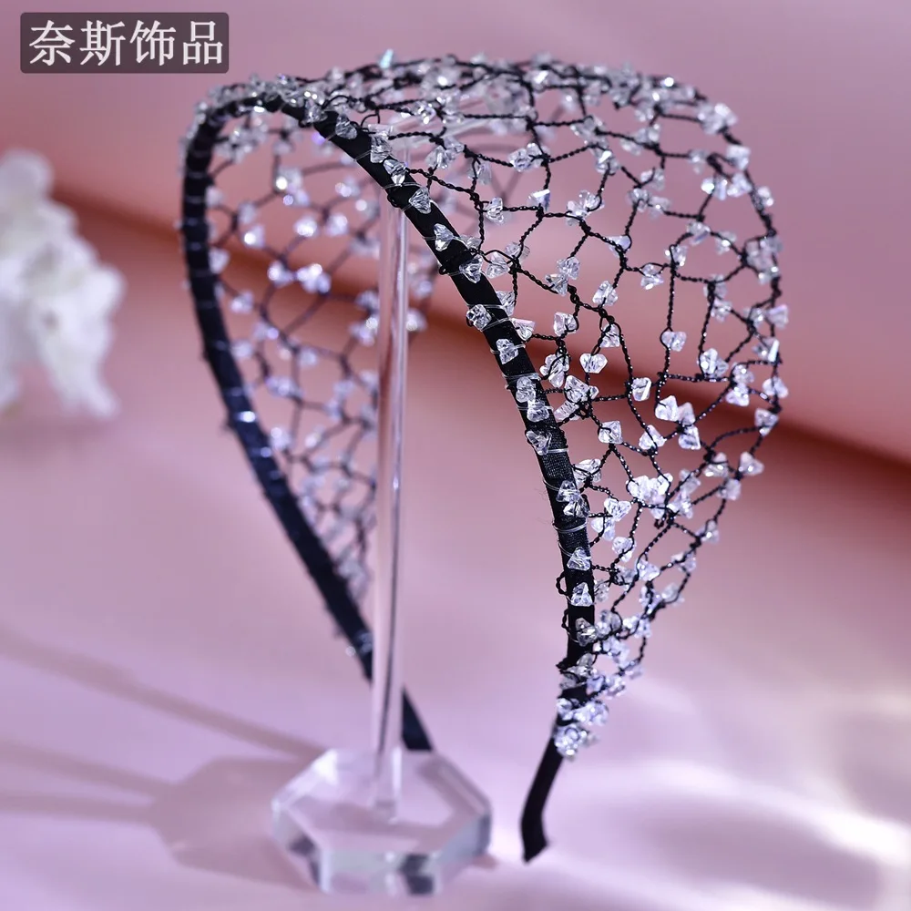 Ww27 vintage headband - premium, luxe hair accessory - handmade hair net with crystal weave for taming flyaways