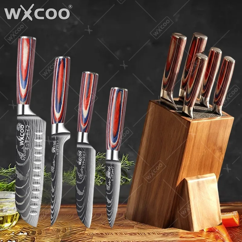 WXCOO Stainless Steel Kitchen Knife Set with Gift Box Japanese Wooden Handle Knife for Cutting Fruit Meat Slicing Professional
