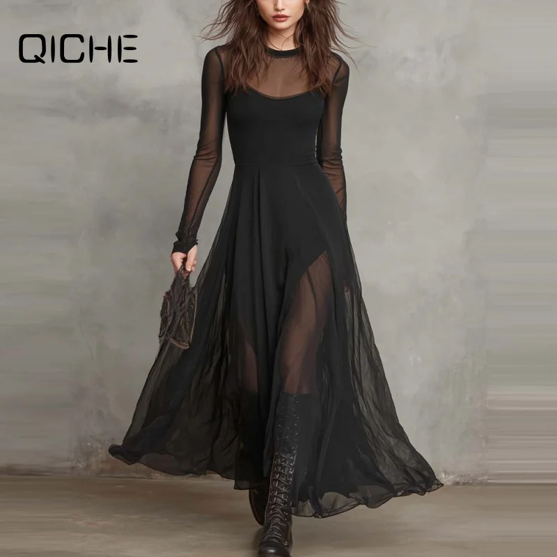 QICHE 2026 Fall Winter New Women Elegant Spliced Long Sleeve Mermaid Maxi Dress, Fashion Stylish Party Dress