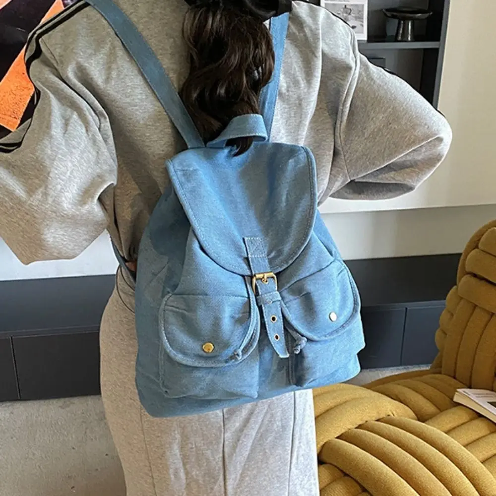 Mochila vaquera de estilo coreano con cordón, bolso de hombro de tela Oxford versátil de gran capacidad, impermeable, con múltiples bolsillos