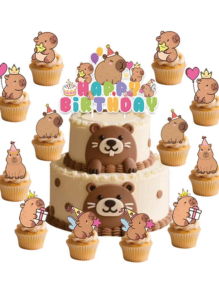 Décoration de gâteau Capybara, décorations de Cupcake d'animaux mignons pour enfants, thème joyeux anniversaire, ensemble de fournitures de fête prénatale