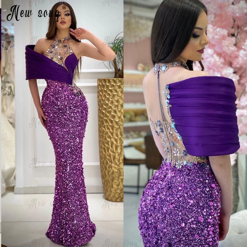 

Elegant Purple Sequins Party Dress Handmade Beaded Crystals Evening Night Gowns Mermaid Floor Length Wedding Party Gowns Dubai