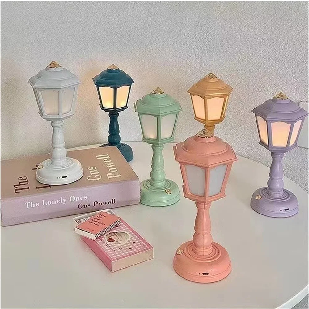 Vintage LED Desk Lamp USB Rechargeable Mini Street Lamp Design Night Light Student Dormitory Cute Bedside Table Lamp Kawaii Room