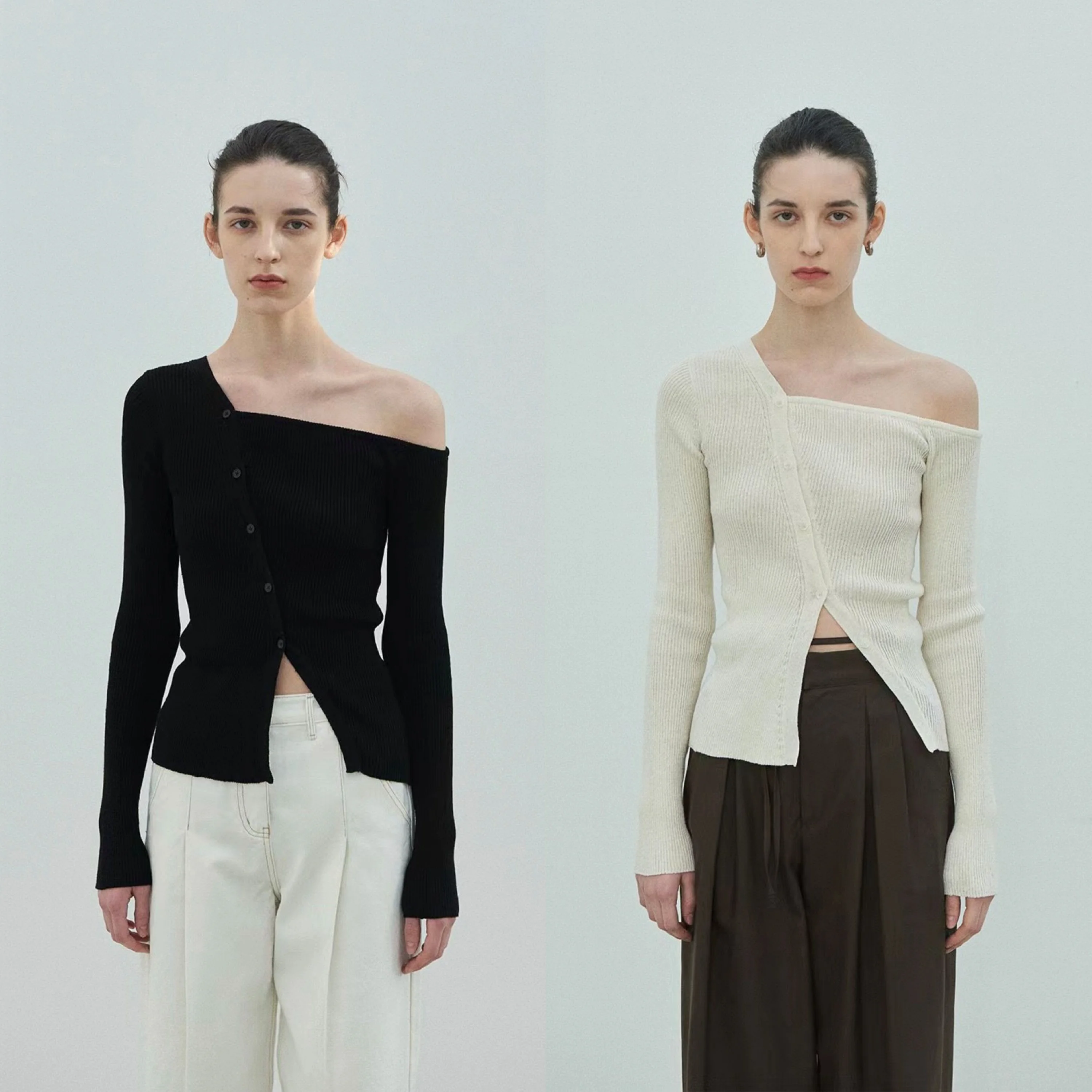 Exklusiver asymmetrischer Oulder Long Sve Damen-Strickpullover Slim Fit Korean Sle Commute Faion ort Länge