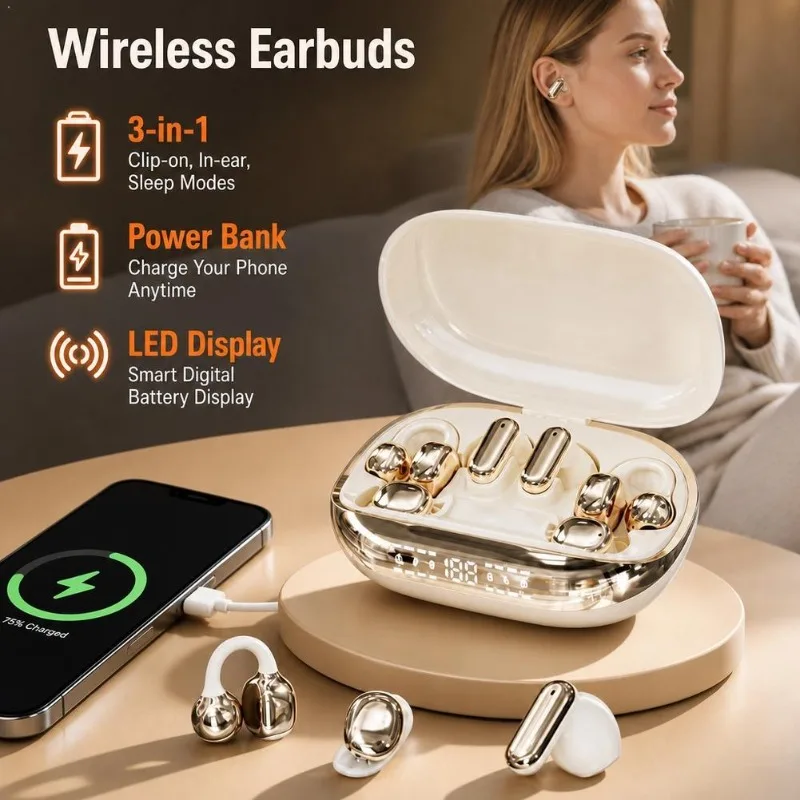New 3 in 1 Wireless Bluetooth Earphone Mini Ear Clip In-ear Sleep Work Game Headphone Semi-in-ear Power Bank Charger Case Earbud