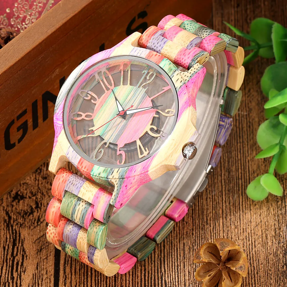 Transparent Hollow Arabic Numerals Dial Colorful Bamboo Watch Men Quartz Wristwatch Folding Clasp Bamboo Wood Bracelet Wristband