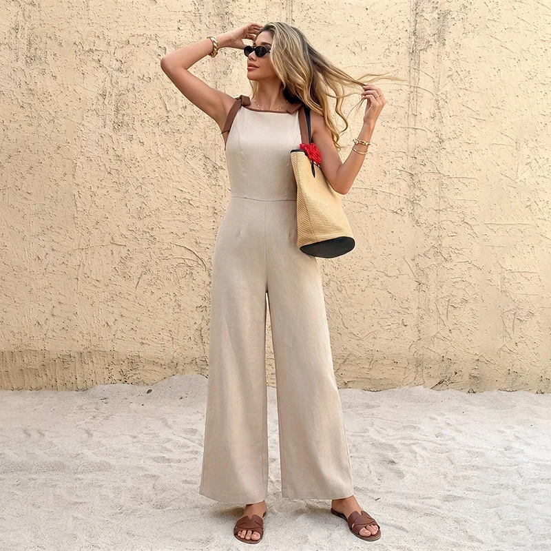 Women Contrast Bow Strap Sleeveless Jumpsuit Imitation Linen Wide Leg Casual Romper S-4XL