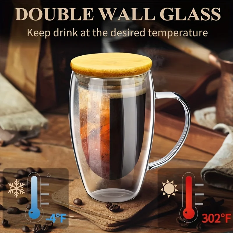 2PCS Transparent Double Layer Glass Cup With Wooden Cover Spoon Household Coffee Mug 350/450ML Coffee Cappuccino Espresso Cup