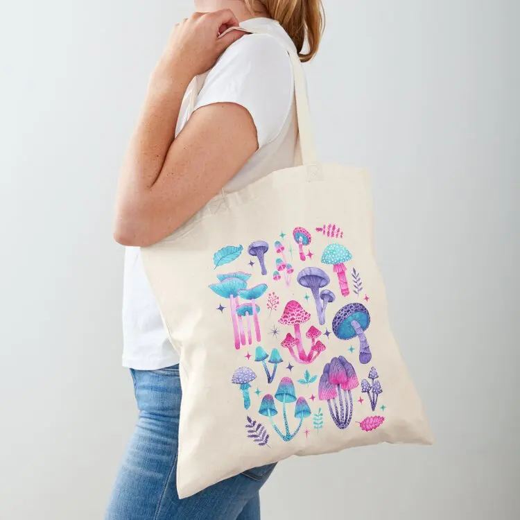 

Enchanted Mushrooms in Watercolor on Black Tote Bag Shopper shopping bags foldable Canvas stote bag shopper bags