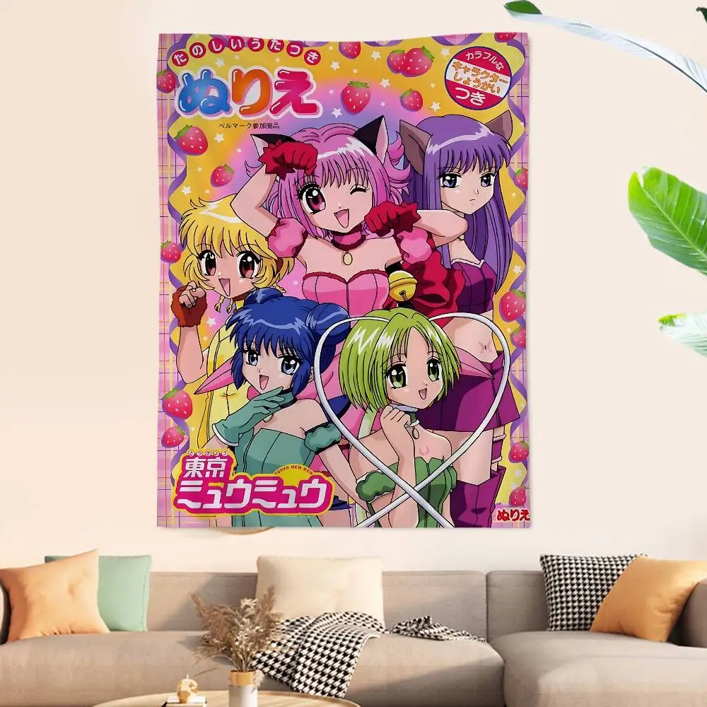 Tokyo Mew Mew Anime Colorful Tapestry Wall Hanging Hippie Flower Wall Carpets Dorm Decor Wall Art Decor