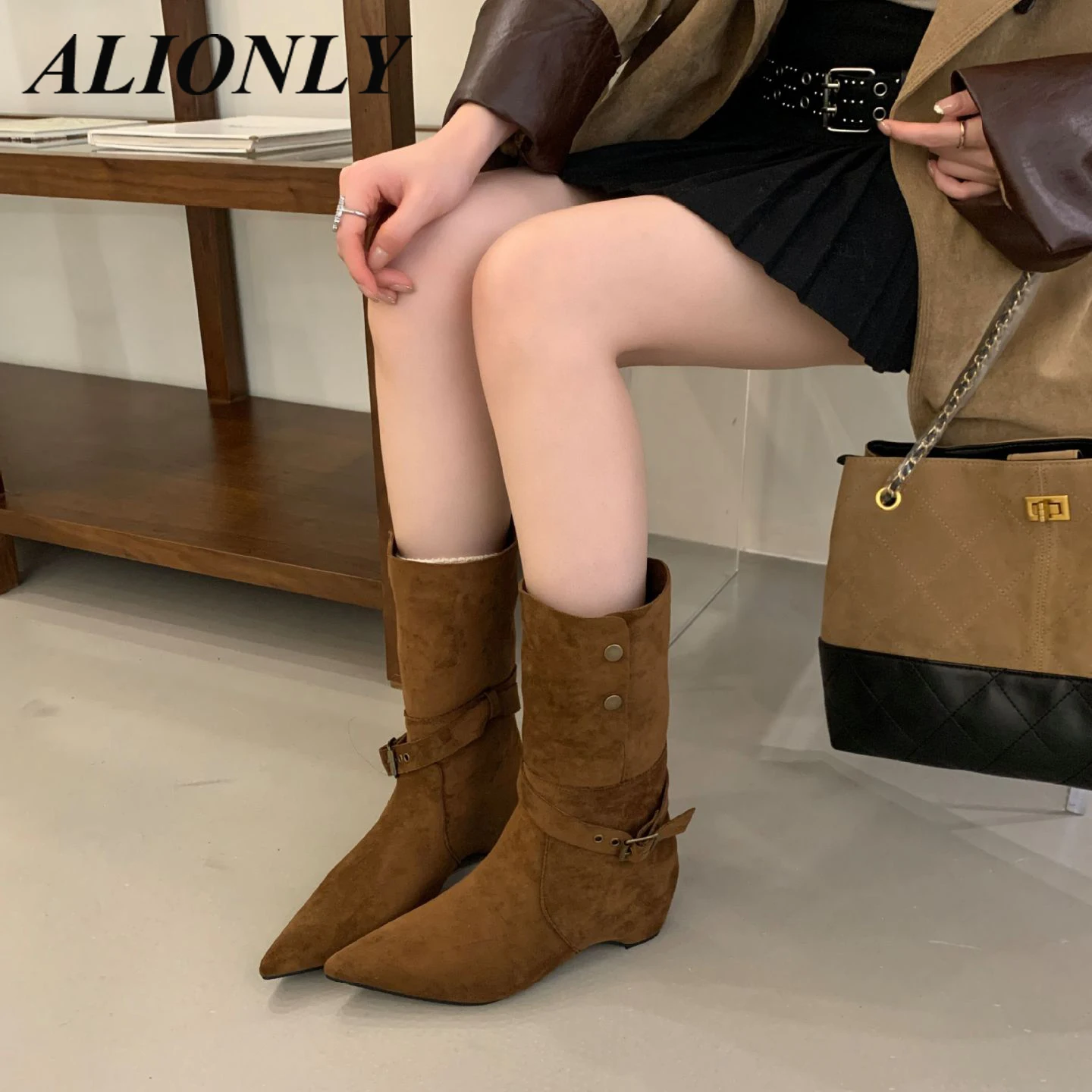

Alionly 2026 New Fashion Pleated Knee-High Boots Women Chunky Wedges Heels Ladies Shoes Pointed Toe Long Booties