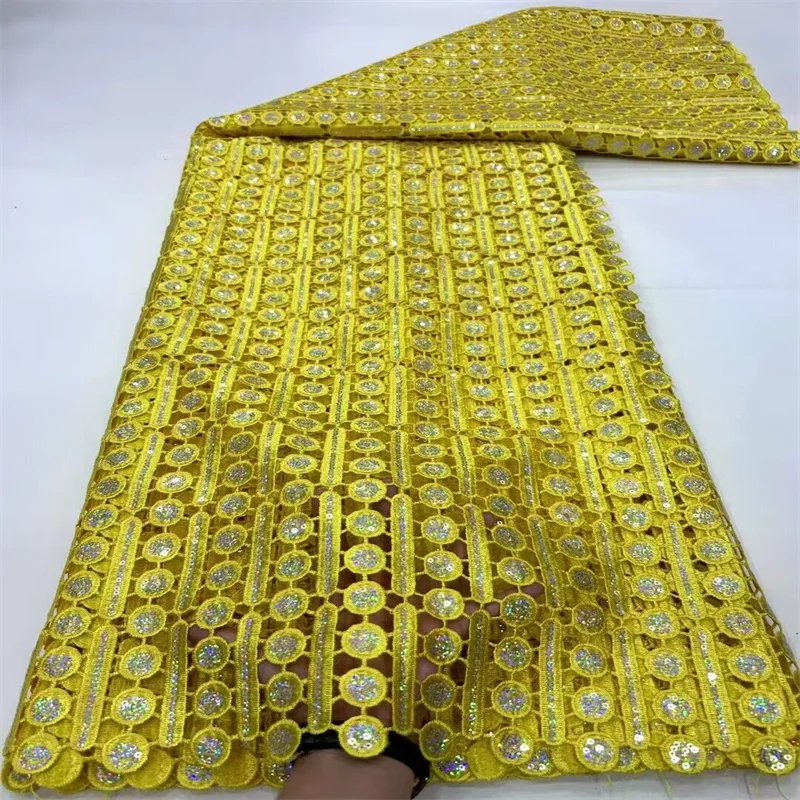 2024 Sequins Tulle Lace Yellow African Sequence Lace Fabric with Water soluble High Quality Nigerian French Mesh Net Lace Fabric