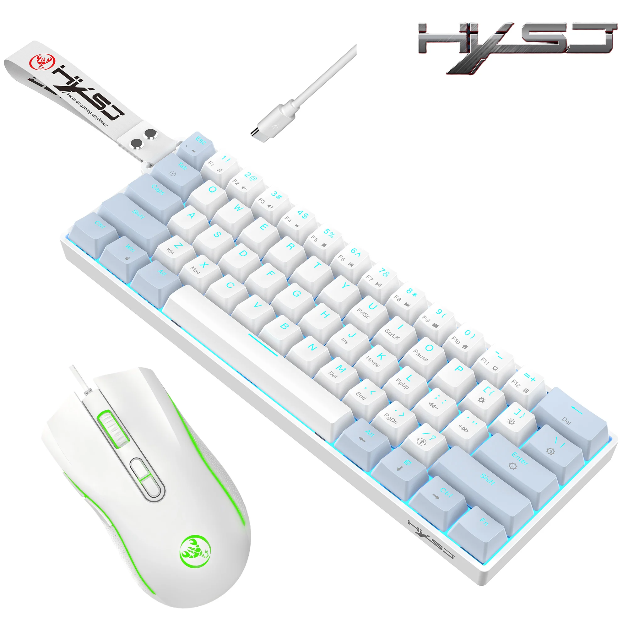 HXSJ 60% Wired Mechanical Keyboard and Mouse Set Compact 61-Key Gaming Keyboard 7-Colour Lighting Optical Mouse for Office Game