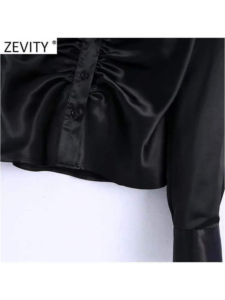 Zevity Women Elegant Pleated Design Black Satin Slim Blouse Office Ladies Single Breasted Shirts Chic Chemise Blusas Tops LS9724