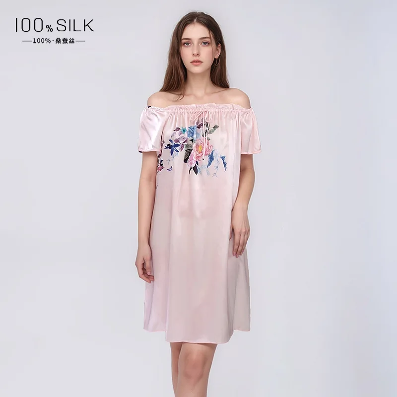 100% Mulberry Silk French Style Nightgown Elegant Digital Print Off Shoulder Doll Dress Premium Spring Summer Loungewear