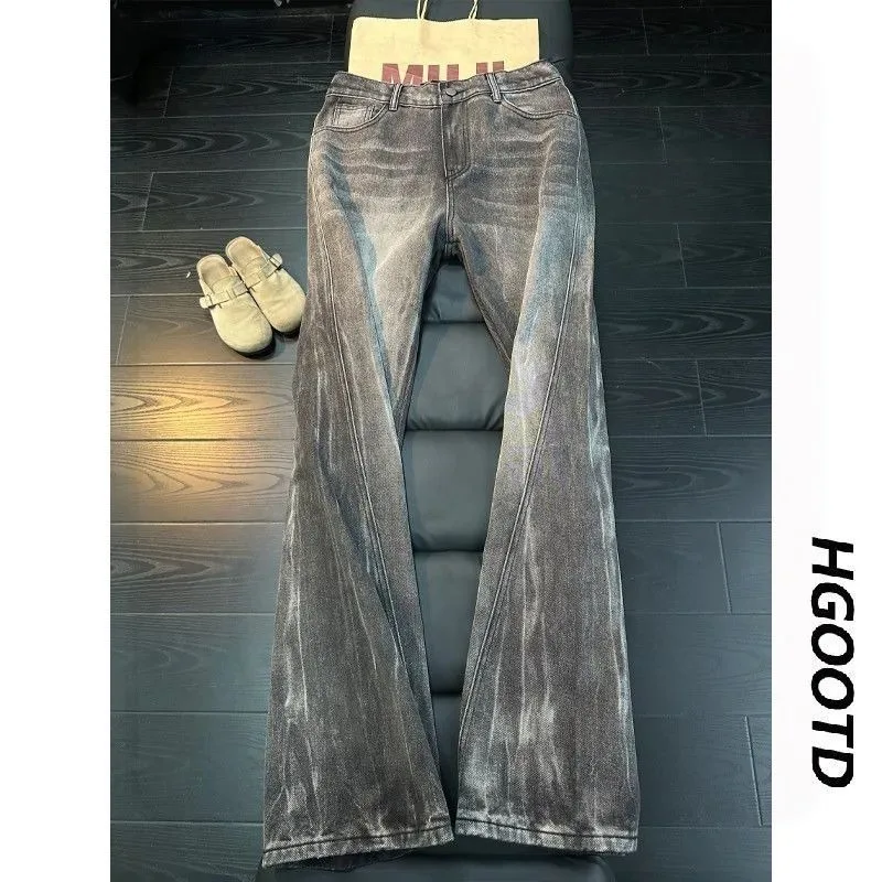 

American Y2K Blue Lightning Pattern Men's Jeans Slimming Straight Leg Bell Bottoms Fashionable Retro Style