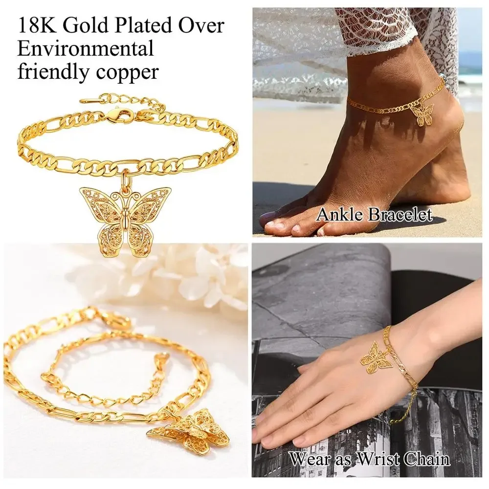 U7 زودياك عملة مستديرة فراشة سحر الخلخال أساور طويلة للنساء 4.5 مللي متر فيجارو سلسلة 8.5 بوصة كوكبة الشاطئ مجوهرات