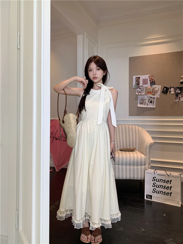 Summer Gentle Style Women's Dress  Knot Belted Neck Hanging Strap Long Skirt Poetic Memory Fairy Tale Pure Color Dress