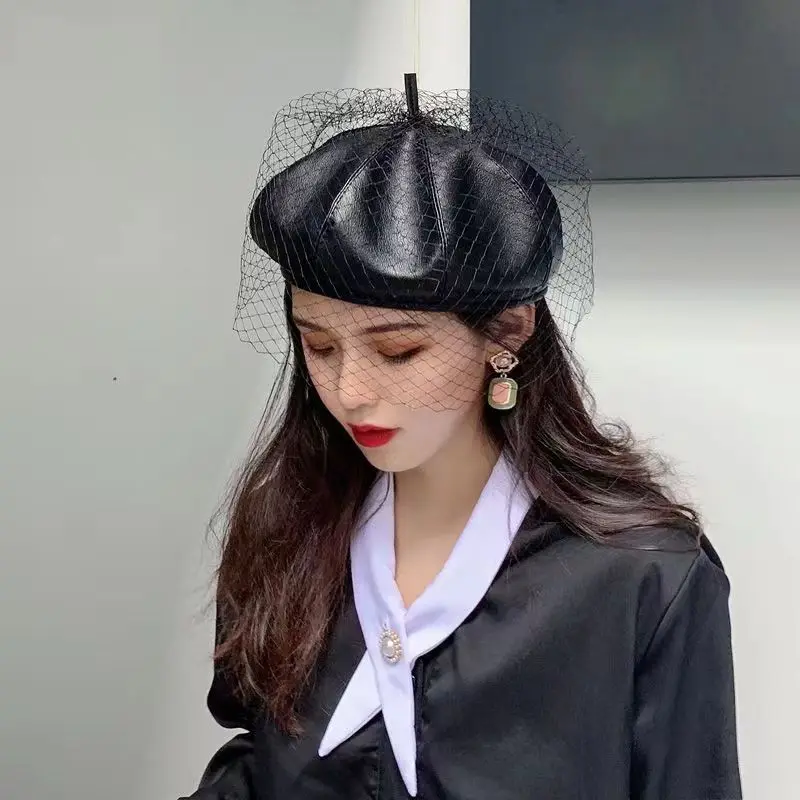 Fascinating Black Hat Chic Leather French Beret With Veil Mesh Show Double Layer Women Beret Beanies Cap