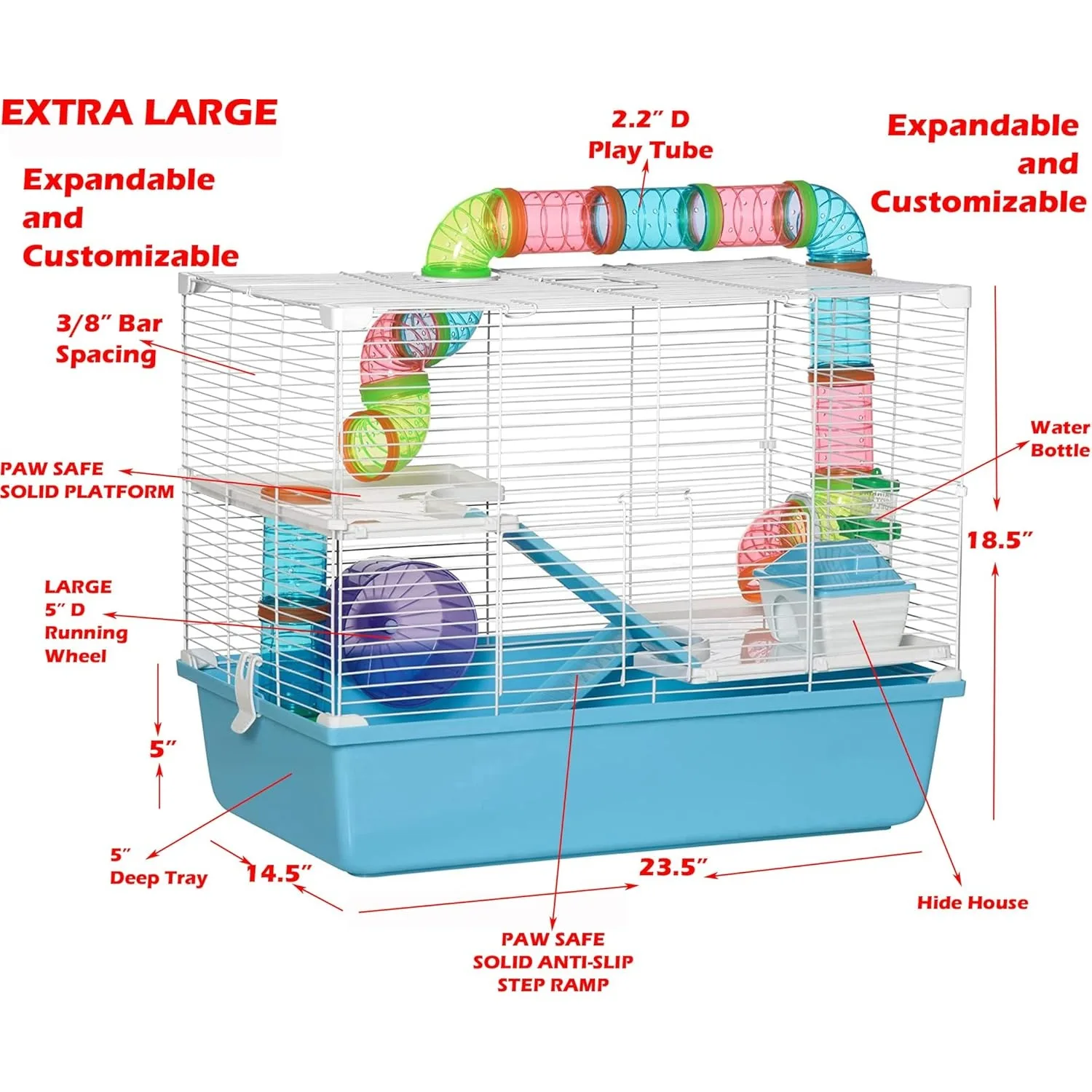 Extra Large Multi-Floors Expandable Hamster Mansion Rat House Critter Home Cage with Hide House Excerise Running Wheel Food Bowl