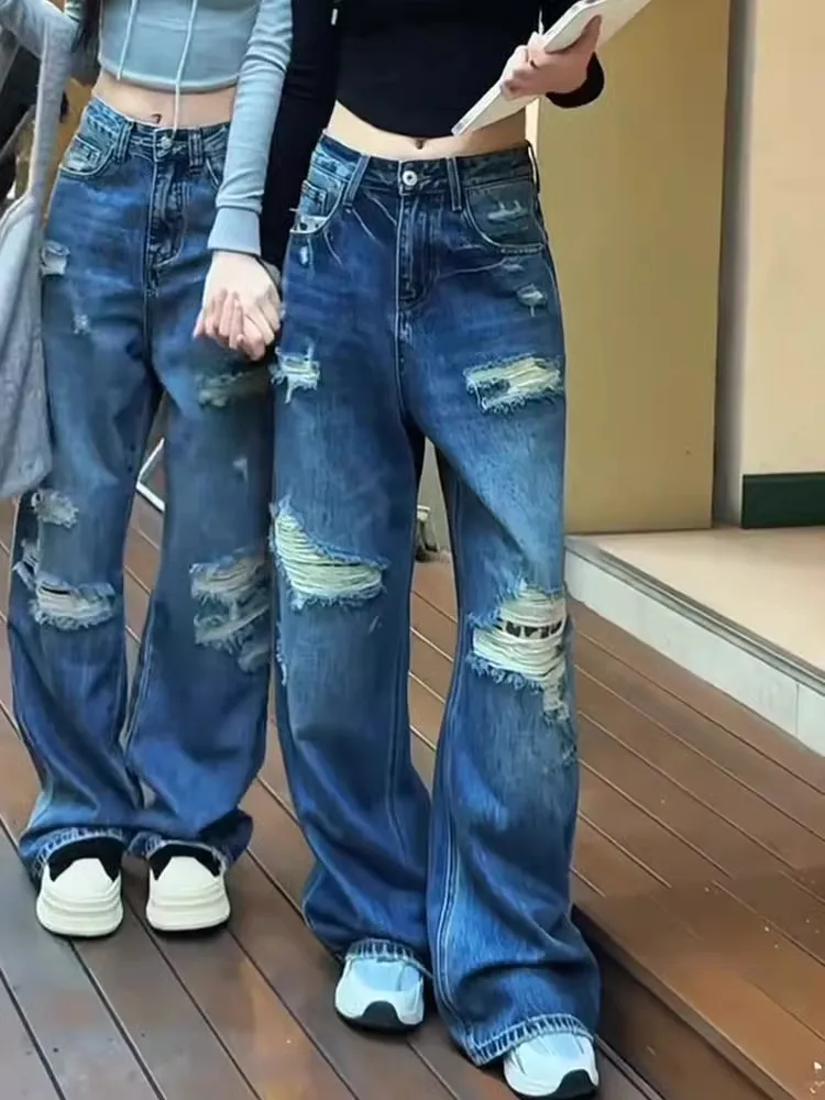 

American Sle High Waist Wide Leg Jeans Women's Spring New ular Fake Hole Jeans Loose Floor-Length Trousers