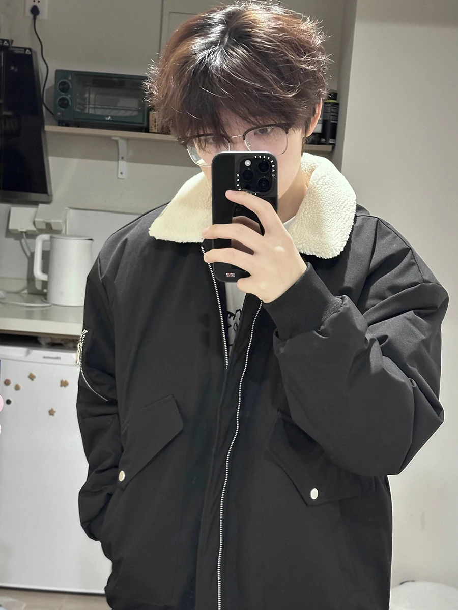 

Bla Lamb Fur Collar Jaet Thiened Warm Cotton Men's Winter Coat Flight Sle Casual Long Sve Zipper Closure Cleanfit