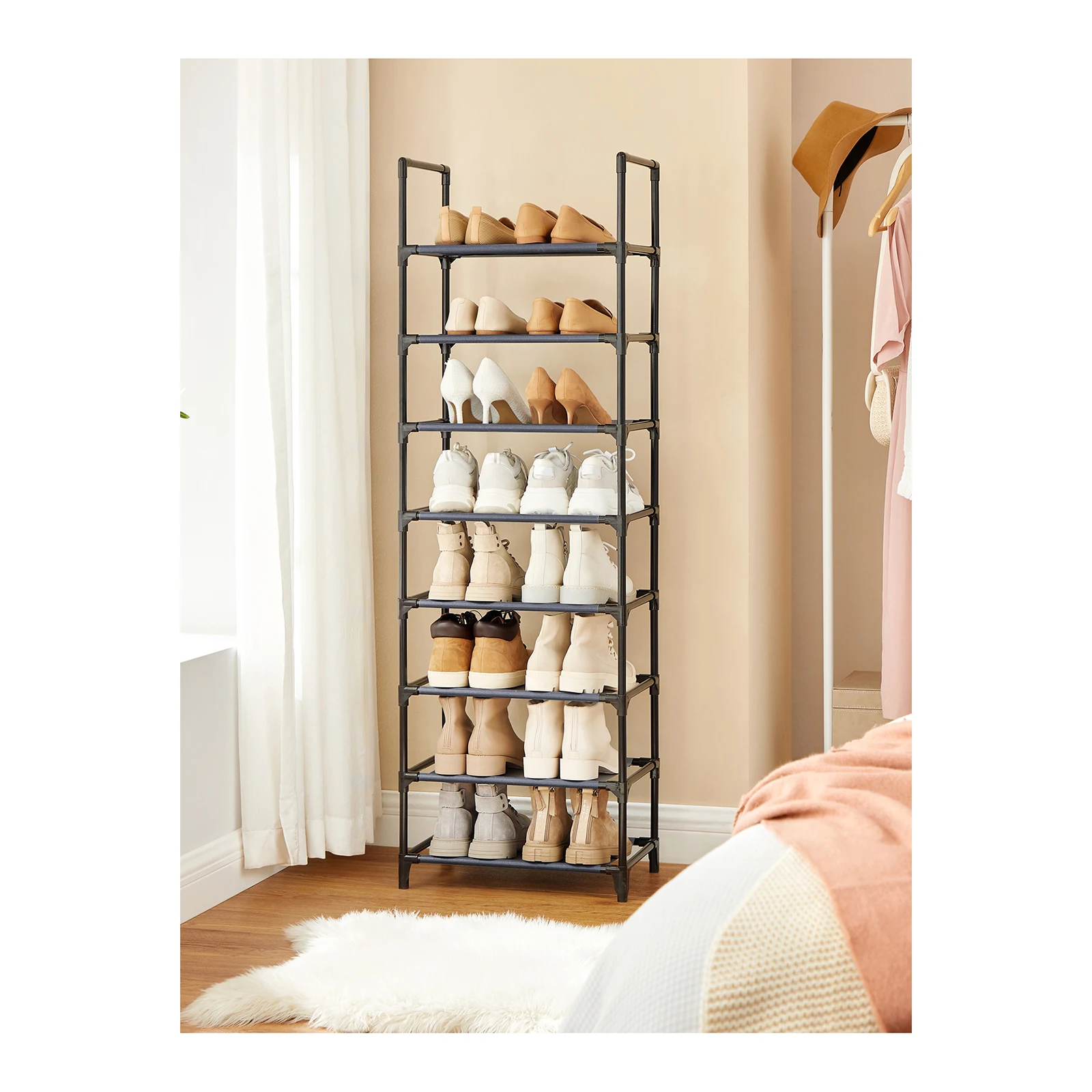 SONGMICS 8-Tier Shoe Rack, 28x46x145cm. Space-Saving, Metal Frame, Non-Woven Fabric Shelves. For Hallway, Bedroom