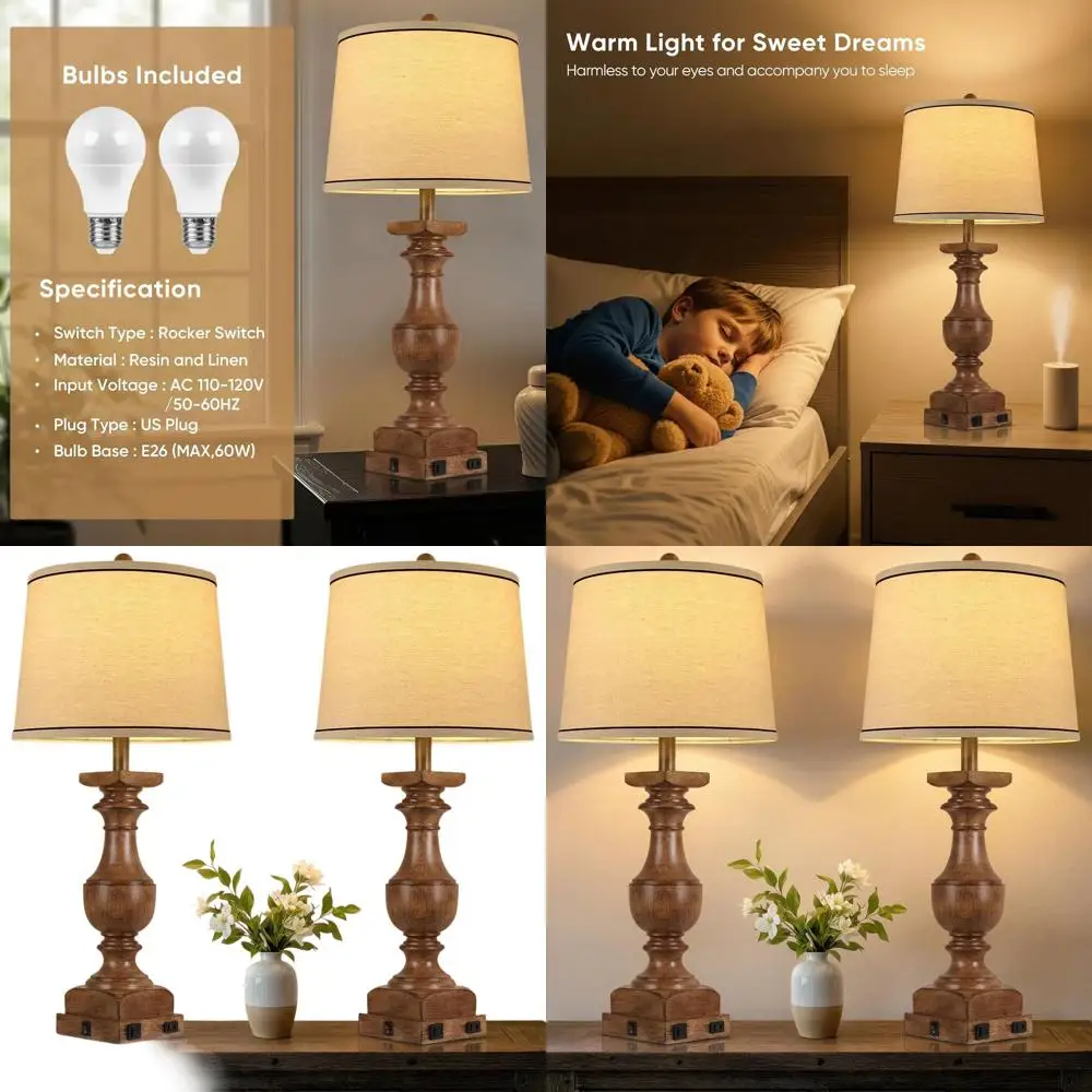 مصابيح طاولة من الخشب المحبب، مجموعة مصابيح مكتبية مكونة من 28 قطعة من الراتنج لغرفة النوم، مصابيح بجانب السرير في المزرعة مع ظلال من الكتان، USB A+C P