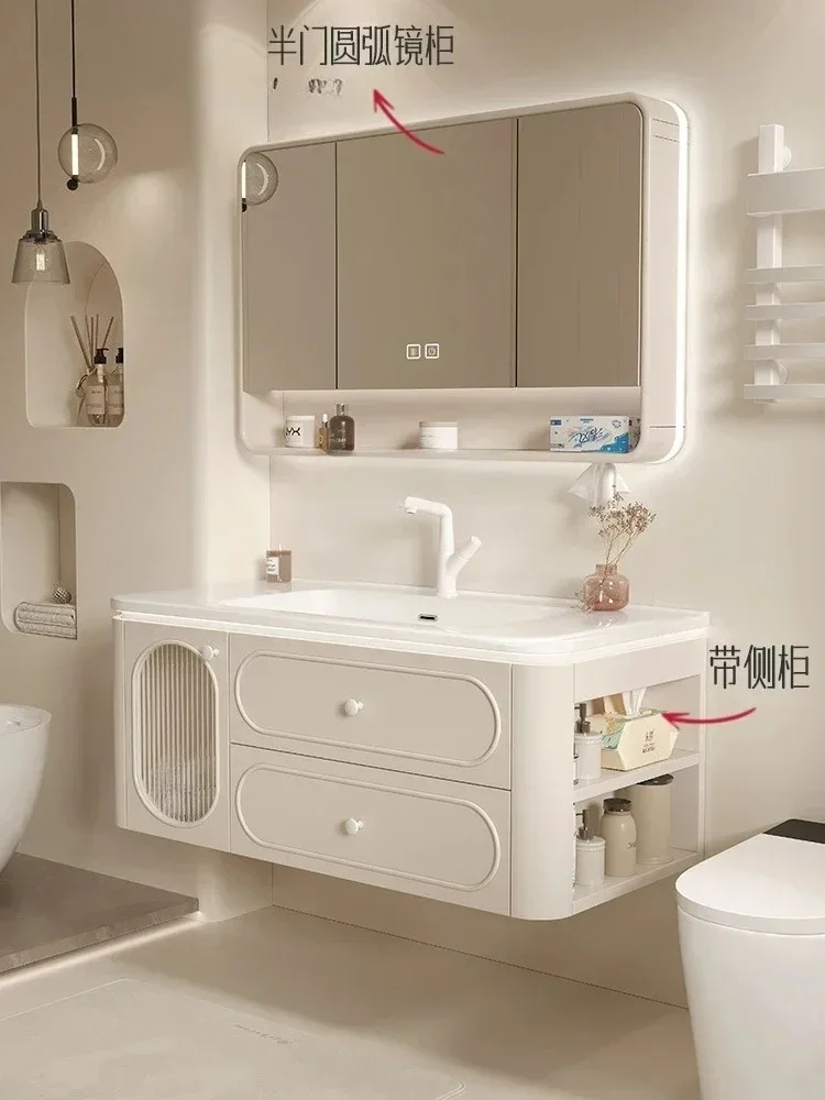 Treasure box Warm color  curved bathroom cabinet Ceramic integrated basin with lamp wash basin Wash table Bathroom cabinet