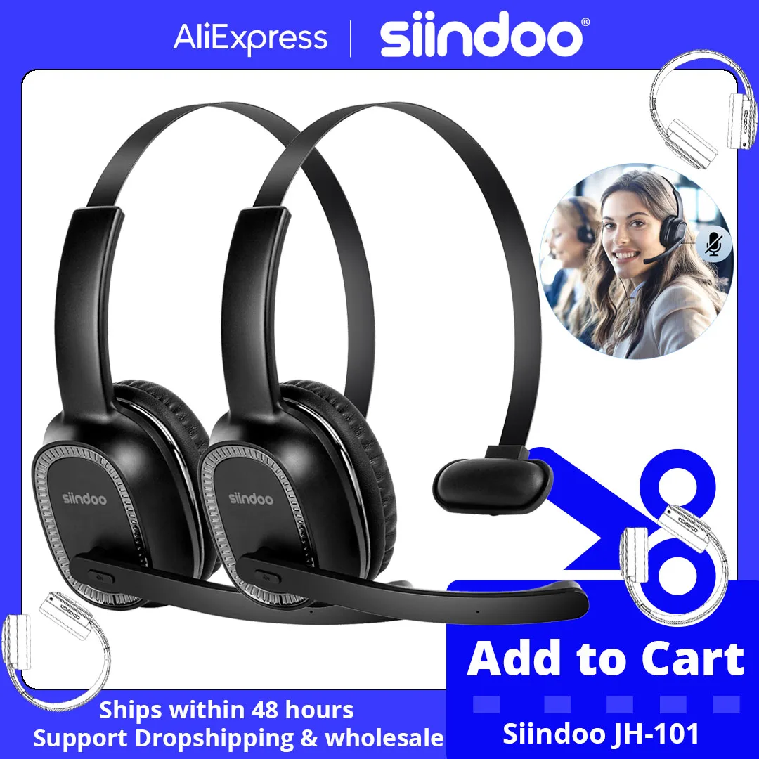 Siindoo 2PCS JH-101 Wireless Call Center Headset with Mic Noise Canceling Headphones with 50H Talking Time For Office Work Video