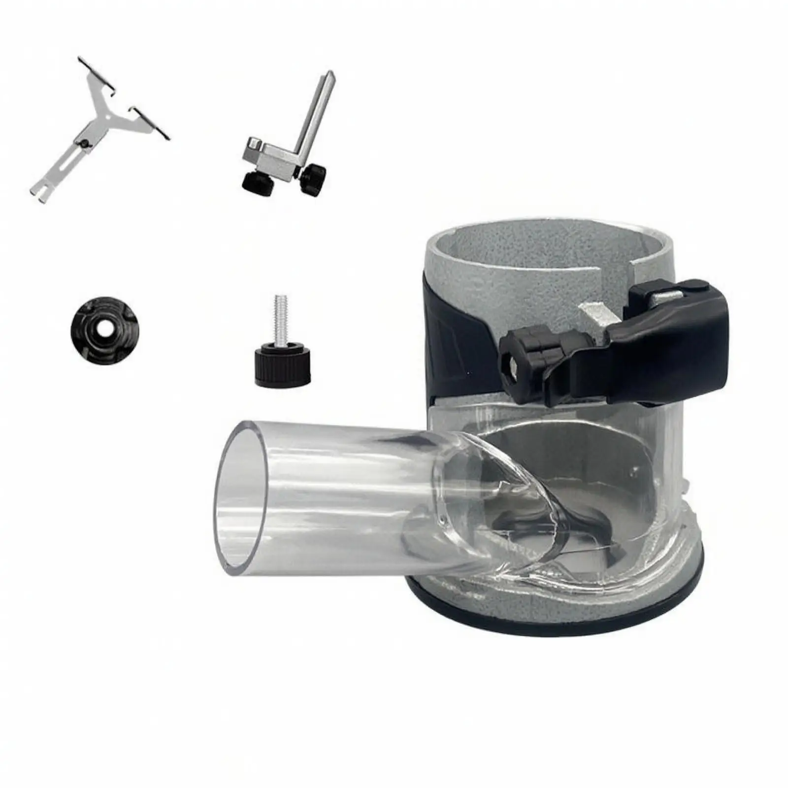 Adjustable Router Base Dust Guard for Trim Router 64-65mm with Clear View Shield and Exhaust Port Aluminum Alloy for Woodworking