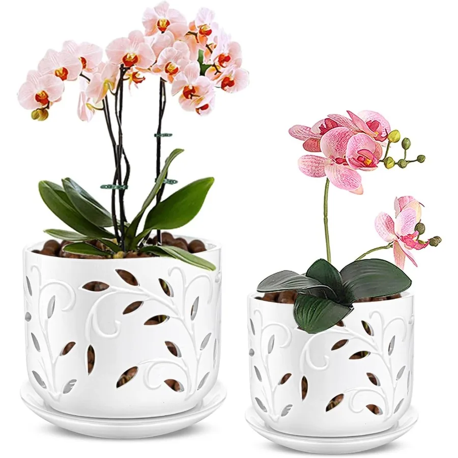 

Orchid Pot with Holes 5+6Inch Ceramic Plant Pots with Drainage Holes and Tray Promoting Air Circulation and Drainage Indoor Out