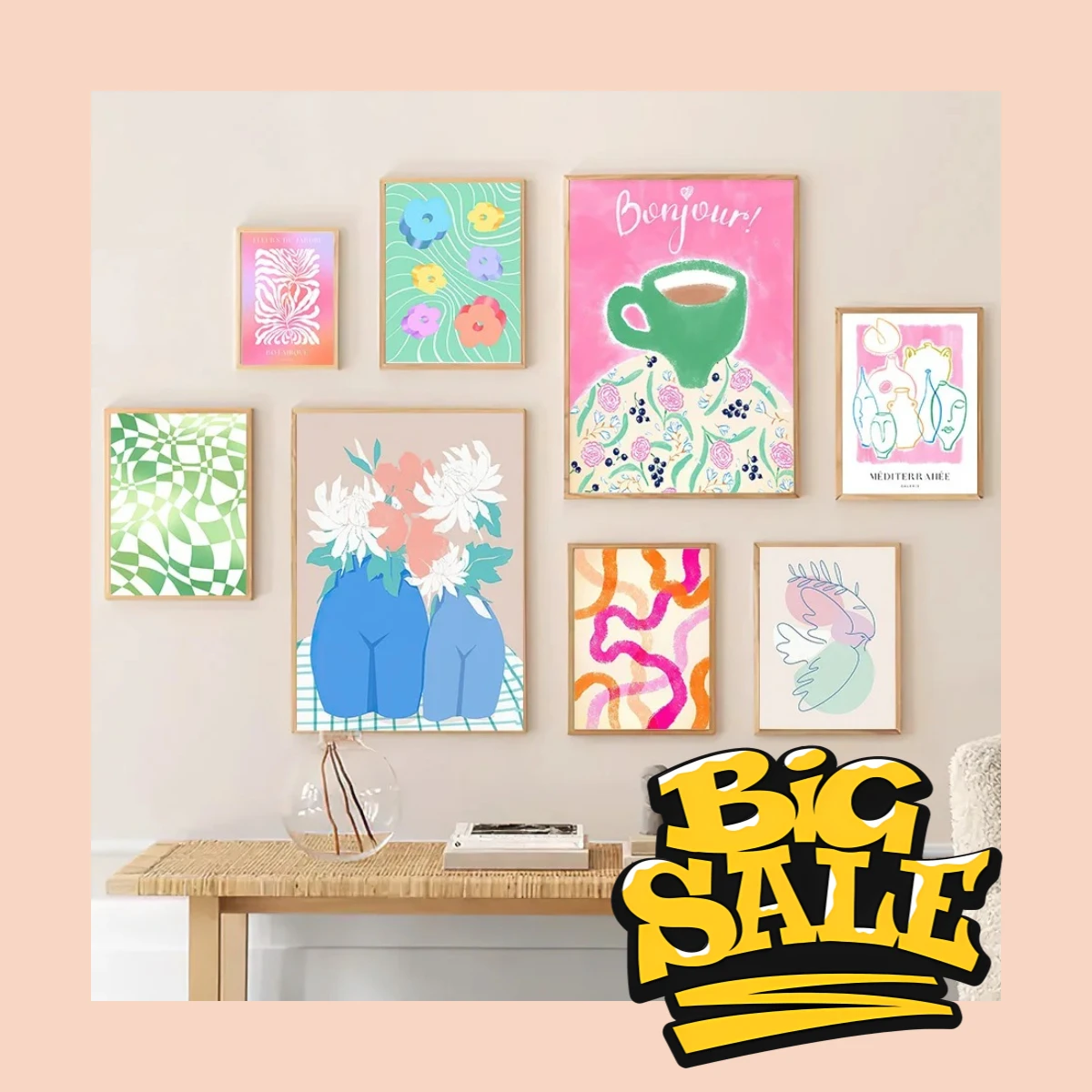 Pastel Blooms & Morning Brew – Fashion Vase Flowers Coffee Leaves Abstract Frameless Canvas for Living Room Bedroom Decor 202