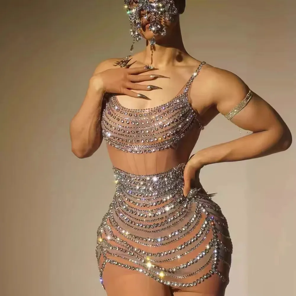 

Sexy Crystal Short Dress for Women Transparent Mesh Stage Wear Gogo Dance Costume DJ Singer Nightclub Party Performance Clothes