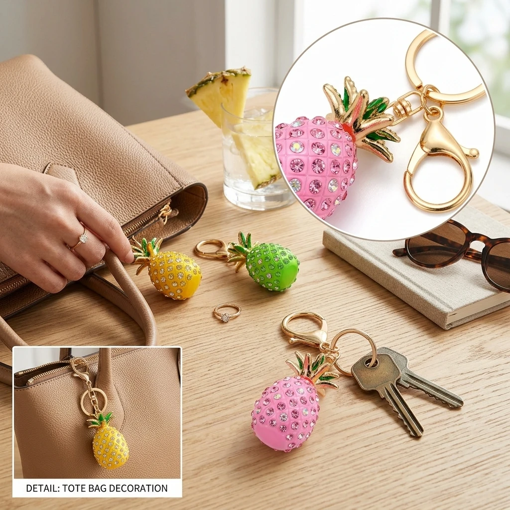 Pineapple Shape Key Ring Cute Inlaid Key Ring Metal Key Chain Simulated Pineapple Keychain Women's Bag Metal Pendant
