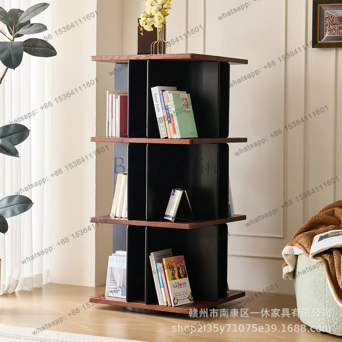 

360-Degree rotating bookshelf ash wood shelf study reading leisure furnishings