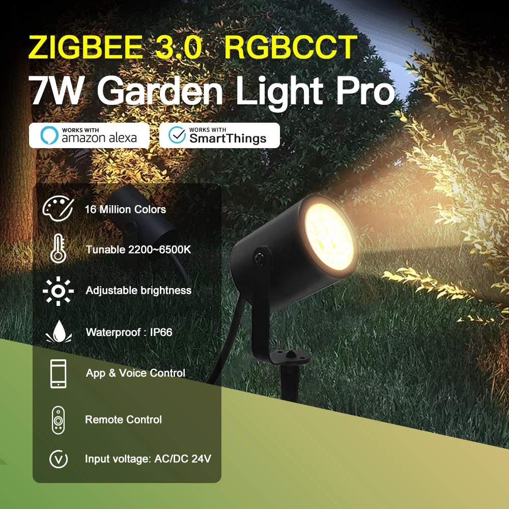 GLEDOPTO ZigBee 3.0 RGBCCT 7W LED Garden Lamp DC24V Low Voltage IP66 Waterproof APP Alexa Hu*e SmartThings Tuya(Hub Required)