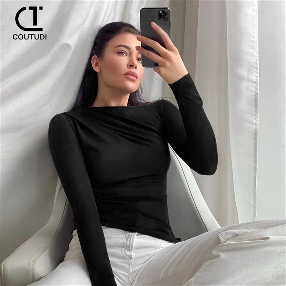 

COUTUDI Fashion Women T Shirts Vintage Spring Autumn Sexy Tees Warm Blouse Top Casual Long Sleeve Shirt Women Daily Streetwears