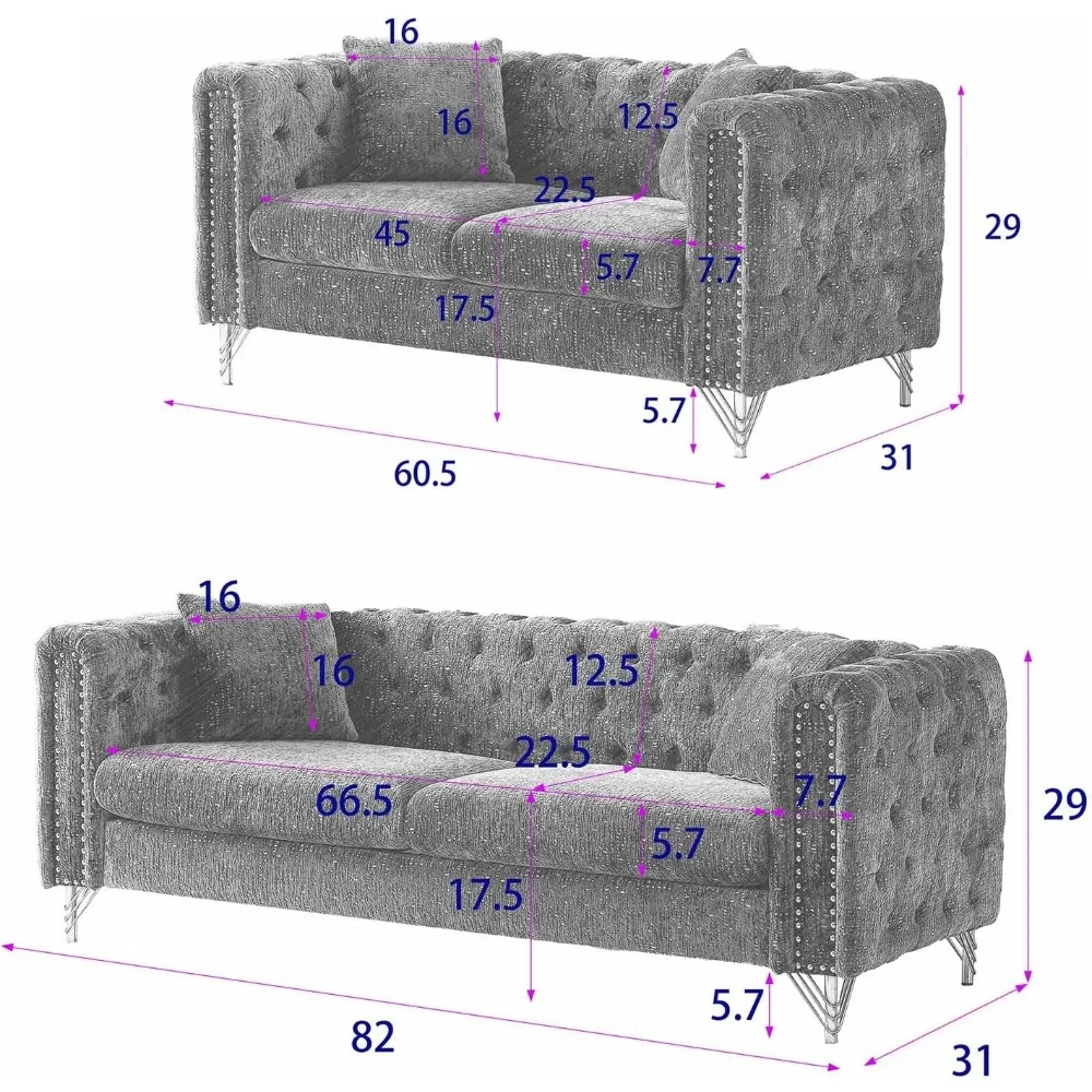 2 Piece Living Room Furniture Sets, Modern Chenille Couch and Loveseat Sofa Set, Upholstered Buttons Tufted 3 Seater Sofa