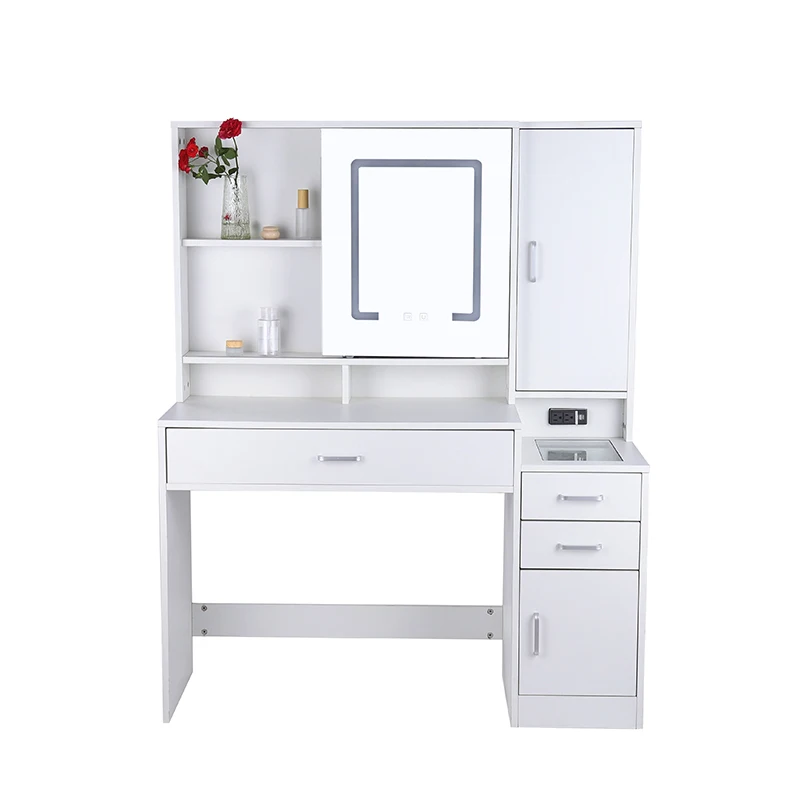 High Efficiency White Moveable Mirror And Lights 3 Color Lighting Modes Dressing Table With Drawers For Bedroom