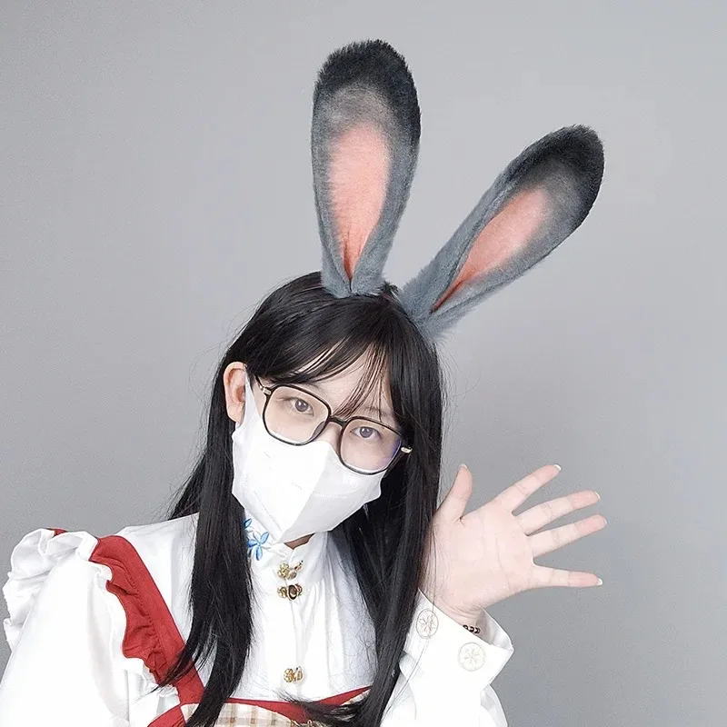 

Gray Police Rabbit Ears Headband Plush Faux Fur Long Ear for Cosplay Party Christmas Halloween Accessories