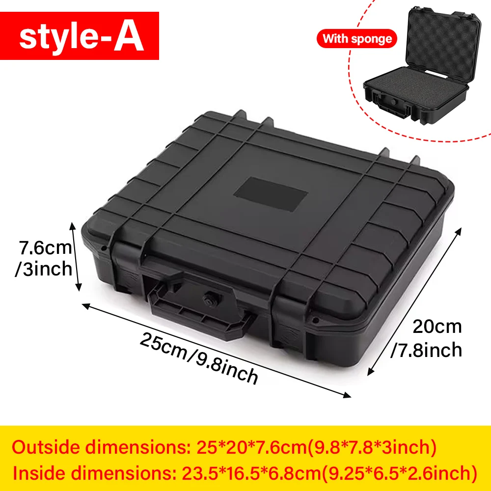 1PC Black Plastic Toolbox 250*200*76mm Shockproof Waterproof Plastic Storage Box PP Material Tote Storage Bag Built-in Sponge