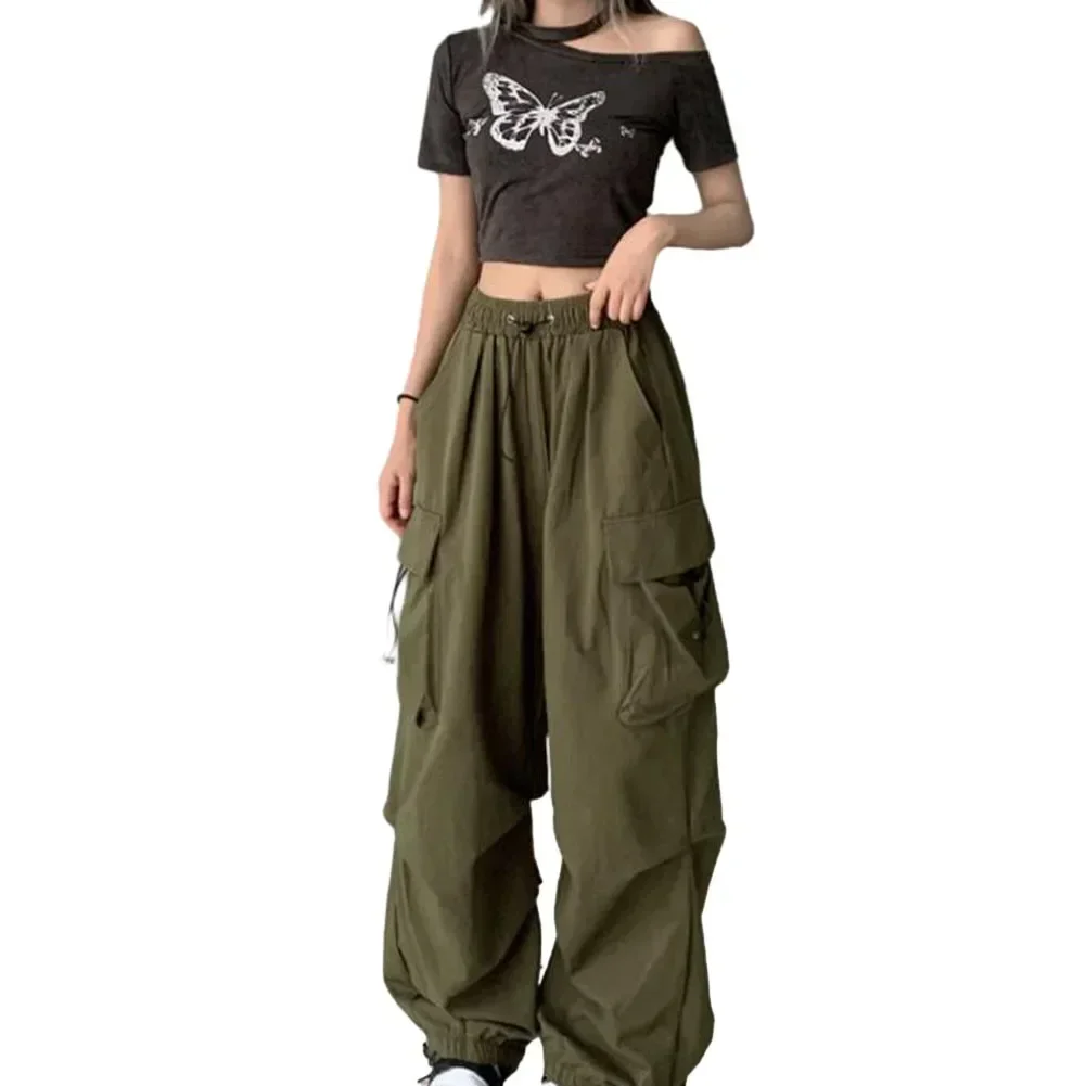 

Stylish Pants Women Baggy Wide Leg Pants Casual Drawstring High Waist Non Strech Pockets Cargo Pants Polyester